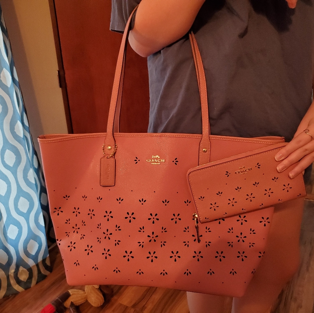 Coach Pink Cutout flower tote with matching wallet